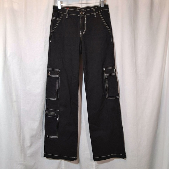 Hot Kiss Pants - Vtg Hot Kiss Cargo Pants Jrs 7 Black Contrast Stitch Wide Leg Y2K Utility Grunge